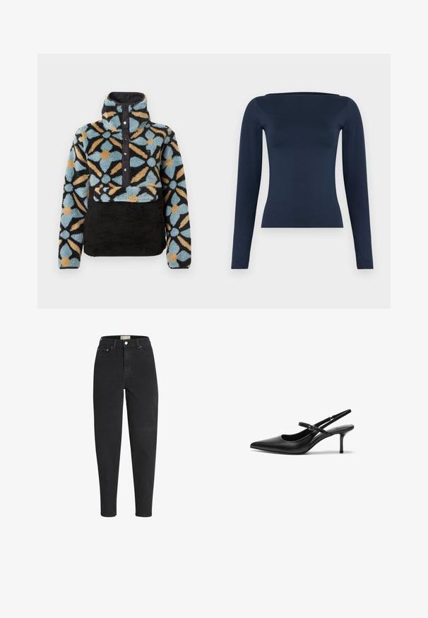Fleece-overdel med høj krave, der har et blåt, sort og orange blomstermønster, trykknapslukning foran og en sort tekstureret nederste del.; Navyblå, langærmet, figursyet damebluse med en bred bådhalsudskæring og en glat, elastisk stoffinish.; Sorte højtaljede jeans med tapered ben, lukkes foran med knap og lynlås, for- og baglommer samt detaljer med metalnitter.; Sorte læder slingback hæle med spids tå, slank justerbar rem og en stiletto hæl på cirka 5 cm, glat tekstur.