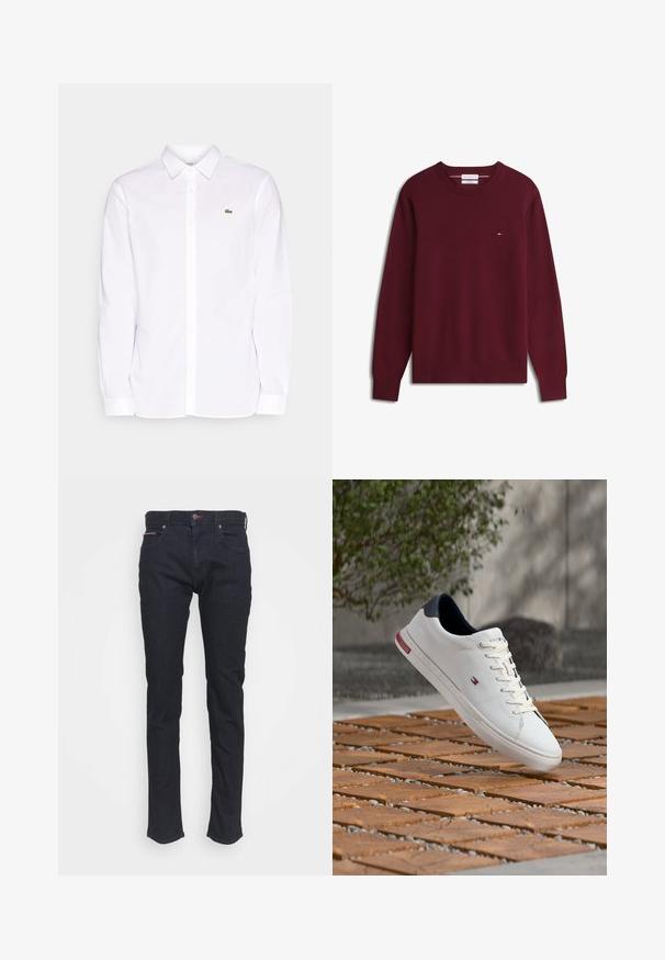 Bordeauxrode trui met ronde hals en lange mouwen, met klein rechthoekig logo op de linkerborst en geribbelde manchetten en zoom.; Witte lange mouwen shirt van katoen, met een button-down kraag, een groen geborduurd logo op de linkerkant van de borst en rechte mouwen.; Donkerblauwe slim-fit denim jeans met voorzakken, knoopsluiting en subtiele rode stiksels op de tailleband en zak.; Witte leren sneaker met navy hielstuk en klein rood, wit en blauw logo dat boven een houten en kiezelachtige grondoppervlakte buitenshuis zweeft.
