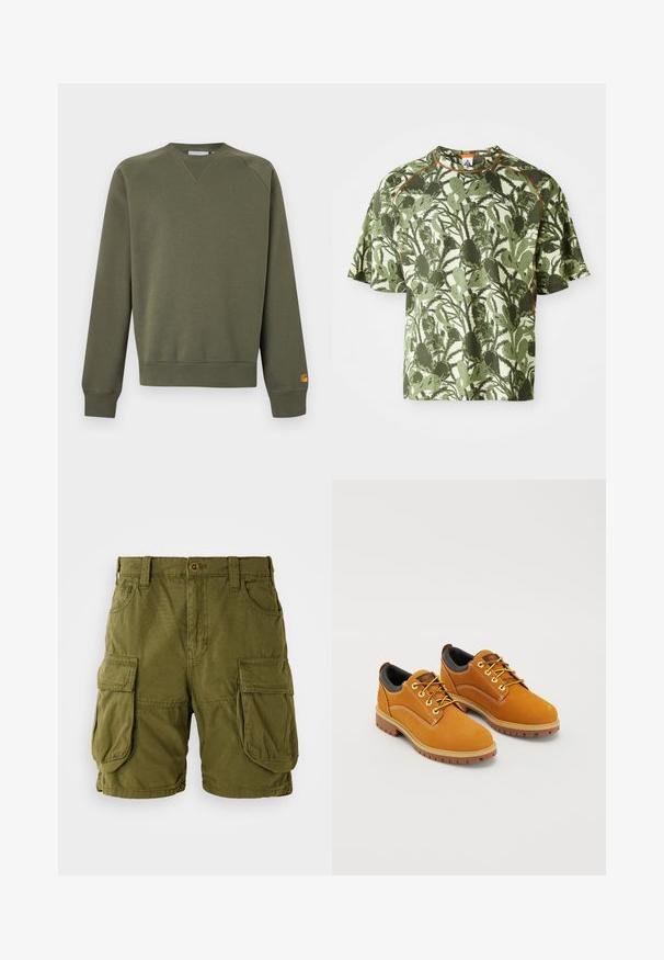 Sudadera de cuello redondo y mangas largas en verde oliva, con puños y dobladillo acanalados, pequeño logo amarillo en el puño de la manga izquierda.; Camiseta de manga corta verde con un patrón de hojas texturizado, con un acento naranja en el cuello y un corte relajado. Fabricada con un material transpirable.; Pantalones cortos cargo color verde oliva, confeccionados en una mezcla de algodón. Cuentan con dos grandes bolsillos laterales y un cierre de botón con trabillas para cinturón. Textura suave.; Zapatos de ante marrón con punta redonda, cordones amarillos, un collar acolchado negro y suelas de goma con surcos de tracción.