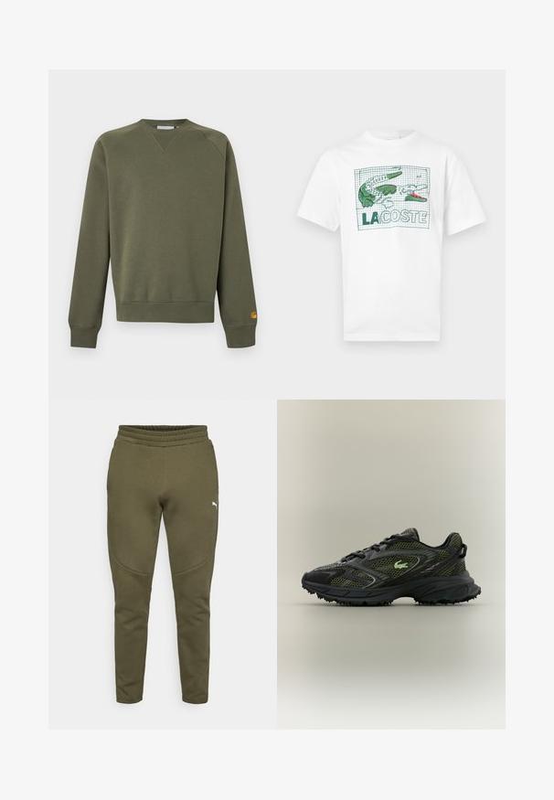 Olivengrøn sweatshirt med rund hals og lange ærmer, ribbet manchetter og kant, lille gult logo på venstre ærmemanchet.; Hvid T-shirt med korte ærmer med grøn og pink broderet krokodillemotiv og teksten "LACOSTE" på et ternet baggrund foran.; Olivengrønne sweatpants med en tætsiddende pasform, elastisk talje og et lille hvidt logo på venstre side. Blødt stof med en glat overflade.; Sort og grøn atletisk sko med netpaneler, rund tå, struktureret sål og snørebånd. Har et logo-accent på siden.