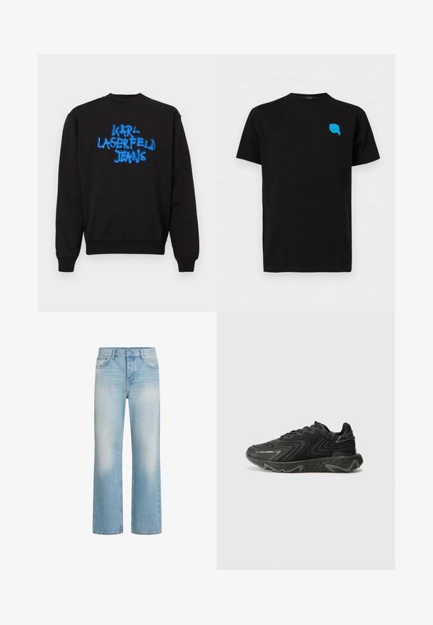 Čierna mikina s dlhými rukávmi a okrúhlym výstrihom s modrým textom v graffiti štýle "KARL LAGERFELD JEANS" na prednej strane uprostred.; Čierne tričko s krátkym rukávom s malou modrou grafikou tváre v slnečných okuliaroch a s šatkou na hlave na ľavej hornej časti hrude.; Svetlomodré denimové džínsy so striedmym strihom, detailmi blednutia, piatimi vreckami, zapínaním na gombík a pásikmi na opasok na páse.; Čierne tenisky s vlnitým textúrovým vzorom a sivými akcentmi. Obsahujú šnurovací dizajn a robustnú, tvarovanú podrážku. Branding je viditeľný na boku.