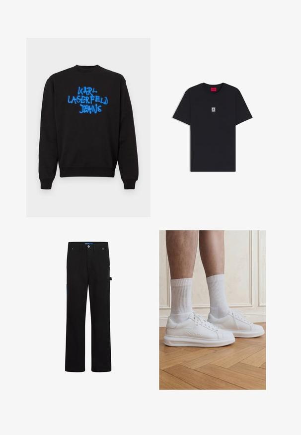 Čierna mikina s dlhými rukávmi a okrúhlym výstrihom s modrým textom v graffiti štýle "KARL LAGERFELD JEANS" na prednej strane uprostred.; Čierne tričko s krátkym rukávom s bielym kvetinovým logom a textom "HUGO" umiestneným v strede na hrudi, červená štítok na krku s brandingom "HUGO".; Čierne cargo nohavice so strihom do rovna, obsahujúce dve predné vrecká, zadné vrecko a modré akcenty na boku a páse.; Nohy v bielych rebrovaných ponožkách a bielych teniskách Karl Lagerfeld stojace na svetlej drevenej parketovej podlahe.