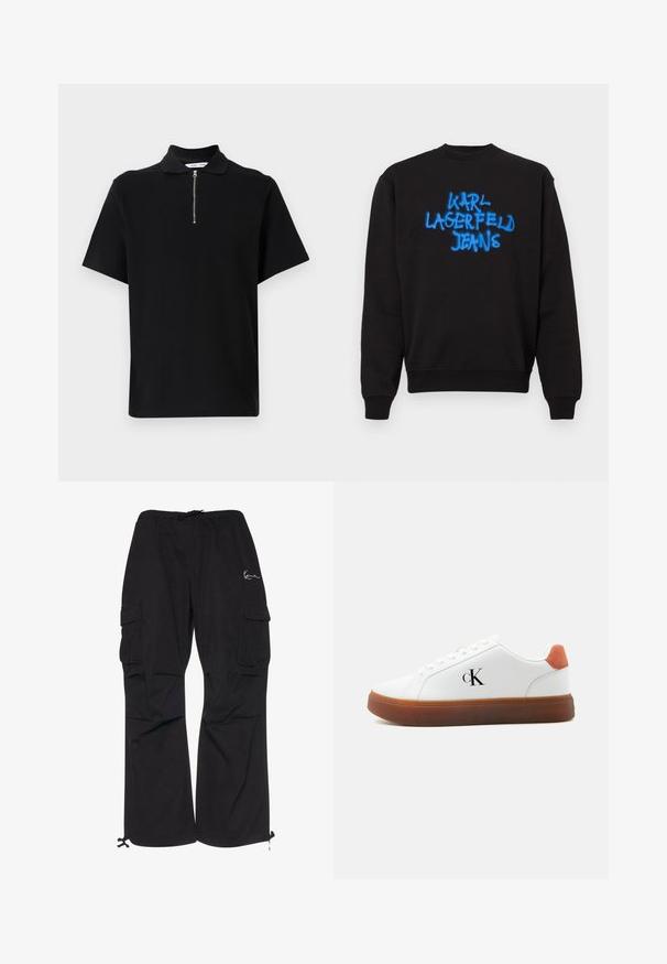 Sweat-shirt noir à col rond avec de longues manches et un texte en style graffiti bleu "KARL LAGERFELD JEANS" au centre sur le devant.; Polo noir à manches courtes en tissu doux, avec un col zippé et un design épuré et minimaliste sans motifs supplémentaires.; Pantalons cargo noirs en tissu léger, dotés d'une taille élastique avec cordon de serrage, de poches latérales et de poignets ajustables.; Baskets basses blanches avec semelle marron, languette orange au talon, lacets et logo "cK" sur le côté.