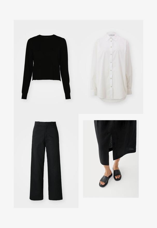 Sort cropped sweater med lange ærmer, ribbet tekstur og rund halsudskæring. Kantlinjen er let ujævn, hvilket forbedrer dens moderne udseende.; Hvid skjorte med knapper lavet af bomuld. Har en klassisk krave, lange ærmer og en buet kant. Har standard knaplukning foran.; Sorte vide bukser med flad front, knaplukning og bæltestropper. Fremstillet af holdbart stof med en glat tekstur.; Sorte slidssandaler med bred rem, flad sål og minimalistisk design. Materialet virker glat med en mat finish.