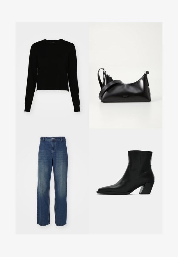 Mustrebmöödlik must lühike kampsun, millel on pikad varrukad, ribakujuline tekstuur ja ümar kaelus. Hemline on veidi ebaühtlane, mis rõhutab kaasaegset välimust.; Tumedat sinised denim teksad kõrge vöökoha, laia jala disaini ja kulunud kohtadega. Omavad nööpkinnitust ja vöökonte, sujuva tekstuuriga.; Must must jalatsid mustast nahast, terava ninaga, stiilne siluett ja jäme ruudukujuline konts. Sile tekstuur, millel on minimaalsed õmblemise detailid.; Mustmust nahkaga kott sileda tekstuuriga. Omab reguleeritavat rihma ja sujuvat, minimalistlikku disaini, millel on lukuga sulgemine.