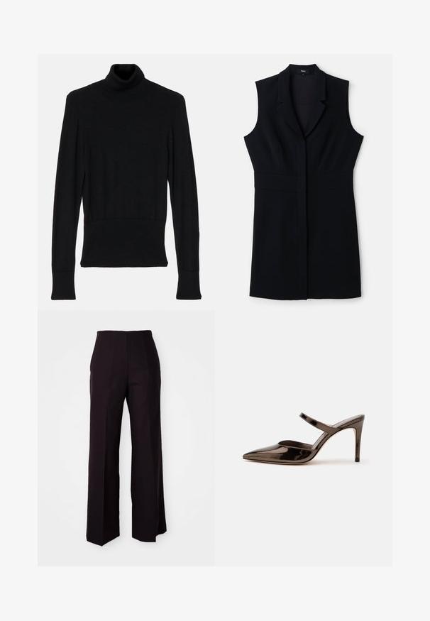 AERON TENDER LONG SLEEVED - Strickpullover - black; Schwarzes ärmelloses Blazer-Kleid mit taillierter Passform, ausgestattet mit einem Reverskragen und einem einzelnen Frontverschluss. Glattes Material und minimalistisches Design.; Schwarze weite Hose mit hoher Taille, aus einem glatten Material und dezenten Vorderfalten, maßgeschneidert für eine strukturierte Passform.; Glänzender dunkelbrauner Mule mit spitzer Spitze und hohem Absatz mit schmalem Riemen über dem Spann vor weißem, einfachem Hintergrund.