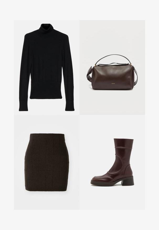 AERON TENDER LONG SLEEVED - Džemper - black; Kootud tumepruun mini seelik tekstureeritud, kootud mustriga ja sobiva vöökohtaga. Kahandatud äär on lisa detailiks ribadeta.; MIISTA MALENE - Klassikalised poolsaapad - brown; Pruun nahast õlakott struktureeritud disainiga, millel on kuldne logo, ülemine lukuga sulgemine ja eemaldatav rihm. Sile tekstuur.