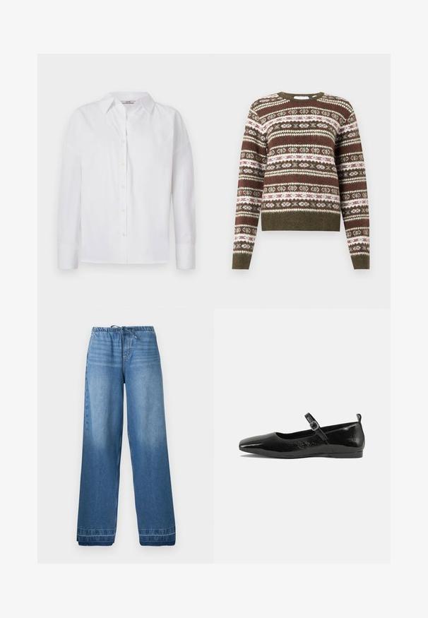 Gebreide trui met lange mouwen, voorzien van een horizontaal Fair Isle patroon in olijfgroen, wit en bordeauxrode tinten, met geribbelde manchetten en zoom.; Witte button-up shirt van katoen, met lange mouwen, een klassieke kraag en subtiele stikdetails.; Blauwe denim wijde broek met elastische tailleband en trekkoorden, met licht vervaagde plekken en gestikte zomen.; Zwarte patenten leren ballerina met een spitse neus, een enkelbandje met een gesp en een gladde, glanzende textuur. Lage hak voor comfort.