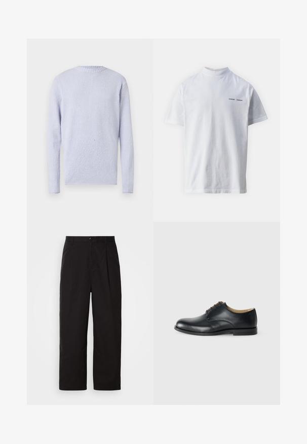 Suéter azul claro de manga larga con tejido texturizado, que presenta un cuello redondo y detalles acanalados en el cuello y los puños. Material suave.; Camisa de algodón blanca con un cuello alto y mangas cortas. Presenta el logo "SAMSØE SAMSØE" en negro en la parte delantera. Textura suave.; Pantalones negros de tejido ligero, con un diseño plisado, piernas rectas y un cierre de botón único en la cintura.; Calvin Klein ESS DERBY - Zapatos de vestir - triple black