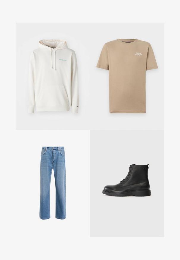 Krémová mikina s kapucňou, predným vreckom a vyšitým logom "tommy jeans" v svetlom modrom odtieni. Mäkká bavlnená látka.; Béžové tričko s krátkym rukávom a okrúhlym výstrihom s malým bielym logom "Tommy Hilfiger" na ľavej hornej časti hrudníka.; Svetlo modré denimové džínsy so strihom rovného nohu, päť vreciek, zapínanie na gombík, minimálne vyblednutie a kontrastné švy.; Čierne členkové topánky vyrobené z textúrovanej kože s okrúhlou špičkou, šnurovací dizajn a robustná čierna gumená podrážka. Obsahujú pútko na päte.