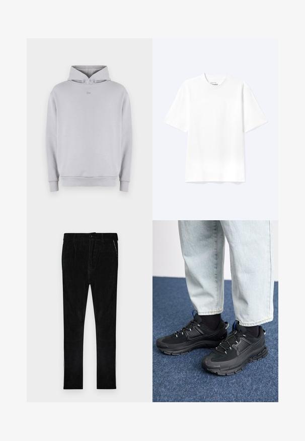 Sudadera gris claro con un escote redondeado, mangas largas, puños acanalados y un logo sutilmente bordado en el pecho. Material suave y corte casual.; Camiseta lisa blanca de manga corta y cuello redondo con un corte relajado, mostrada sobre un fondo claro.; Pantalones de pana negra con estrías verticales, que cuentan con cierre clásico de botón y cremallera, bolsillos laterales y piernas de corte recto.; Zapatillas deportivas negras con tejido texturizado y suelas de goma, con cordones elásticos y un acento azul en el talón. Combinadas con pantalones de mezclilla claros.