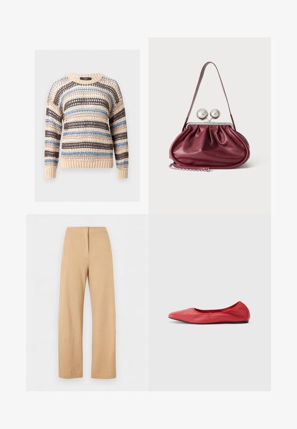 Pull beige en maille ouverte avec des rayures horizontales marron et bleues, manches longues, col rond et poignets et ourlet en côte.; Pantalon beige taille haute à jambes larges avec un détail simple de couture frontale et une fermeture dissimulée, présenté sur fond blanc.; Filippa K REY FLATS - Ballerines - bright red; Petit sac à main en cuir bordeaux avec des détails froncés, une fine bandoulière et une fermeture argentée comportant deux gros boutons ronds.