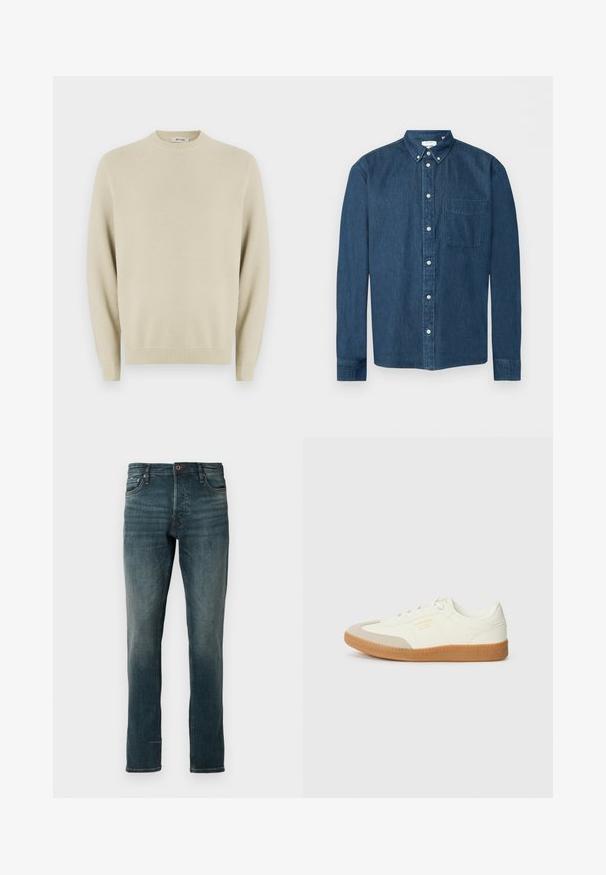 Beige strikket sweater med rund hals, lange ærmer, ribbede manchetter og et struktureret mønster hele vejen igennem. Egnet til afslappet brug.; Mørkeblå denimskjorte med knapper, lange ærmer, en forlommer til venstre og en knaplukket krave, vist på en hvid baggrund.; Mørkeblå slim-fit jeans med fem lommer og knaplukning, vist mod en ensfarvet hvid baggrund.; Sneaker lavet af hvid læder med en beige tåhætte og let brunt gummisål. Har flade hvide snørebånd og prægede branding på siden.