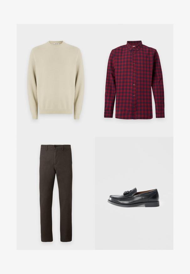 Beige strikket sweater med rund hals, lange ærmer, ribbede manchetter og et struktureret mønster hele vejen igennem. Egnet til afslappet brug.; Rød og marineblå ternet langærmet skjorte med knapper, knappet krave og brystlomme.; Brune bukser lavet af et tekstureret stof, med et lige ben-design, en enkelt knaplukning og et minimalistisk stil.; Sorte læderloafers med moccasin-design, dekorativ syning, en forhøjet detalje på forsiden og en lavprofil sål.