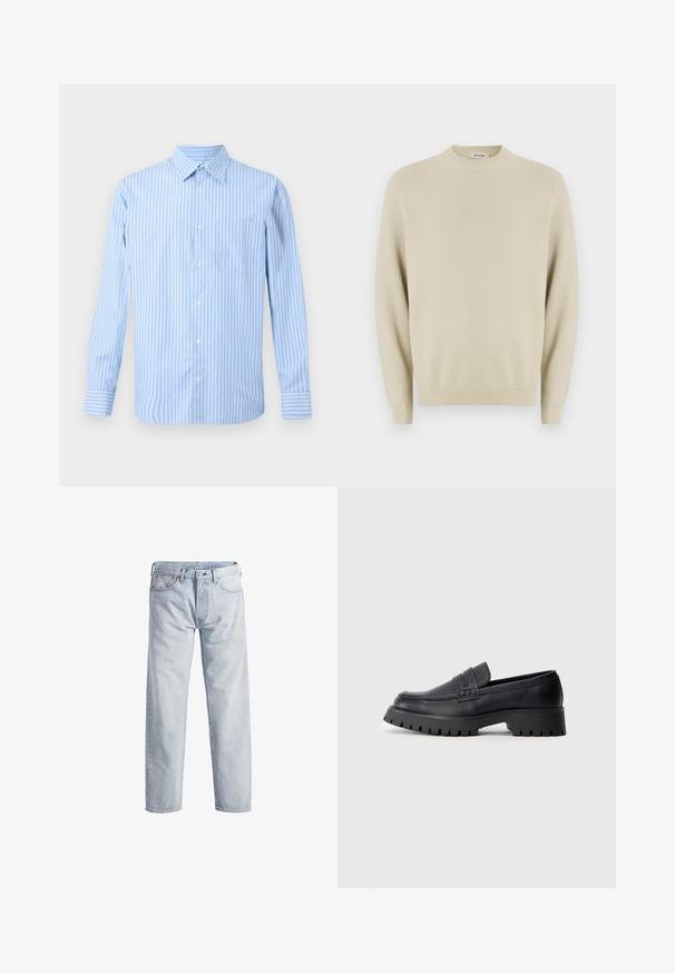 Beige strikket sweater med rund hals, lange ærmer, ribbede manchetter og et struktureret mønster hele vejen igennem. Egnet til afslappet brug.; Lyseblå og hvid stribet langærmet skjorte med knaplukning og en enkelt brystlomme. Simpel, klassisk design på en neutral baggrund.; Lys blå denim jeans med lige ben, knaplukning, fem lommer og subtilt falmet tekstur. Har metal hardware detaljer.; Sorte læder loafers med en rund tå, prydet med en dekorativ rem og en kraftig gummisål med dybe riller for grip.