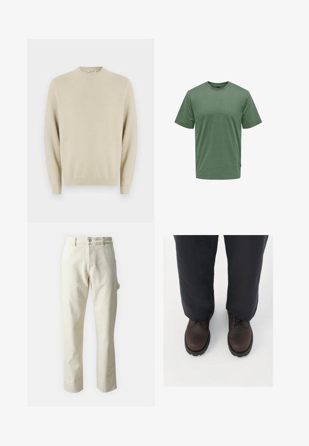 Beige gebreide trui met een ronde hals, lange mouwen, geribbelde manchetten en een textuurpatroon overal. Geschikt voor casual kleding.; Eenvoudig groen T-shirt met korte mouwen en ronde halslijn met een normale pasvorm, getoond op een witte achtergrond.; Beige rechte pijpen broek van katoen met een zachte textuur, voorzien van een sluiting met vooraan een knoop en zijzakken.; Bruine leren veterschoenen met een ronde neus, zwarte rubberen zool en textuurdetails, gecombineerd met loszittende donkere broek.