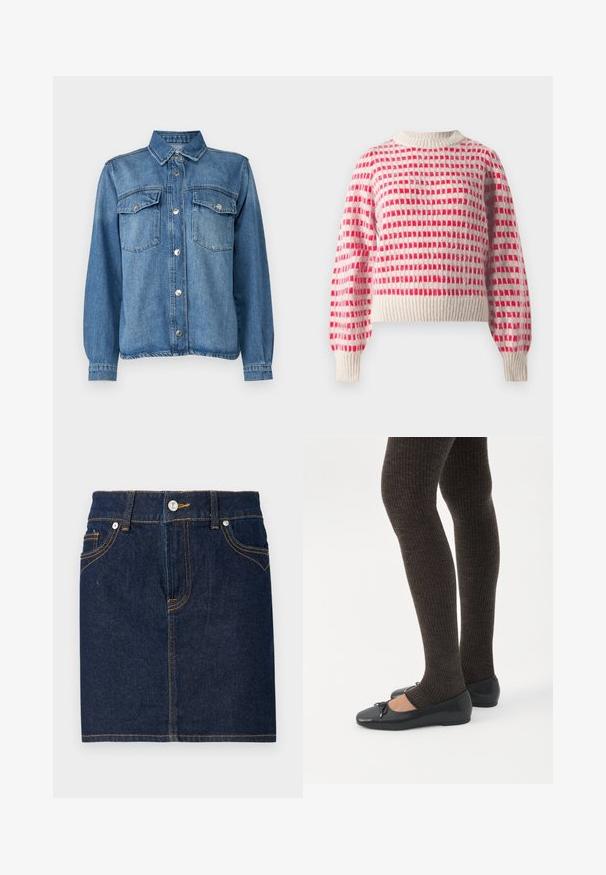 Gebreide trui in crème en rood, met een geruit patroon, ribgebreide manchetten en onderrand, en een ronde hals. Zachte textuur.; Lichtblauwe denimjas met knoopsluiting aan de voorkant, twee borstzakken, puntige kraag en lange mouwen met knoopmanchetten.; Donkerblauwe denim rok met zichtbare stiksels, vijf zakken en een knoopsluiting aan de voorkant. Rechte snit met een schone zoomlijn.; Benen met donkere geribbelde leggings gecombineerd met zwarte ballerina's met kleine strikdetails op een witte achtergrond.