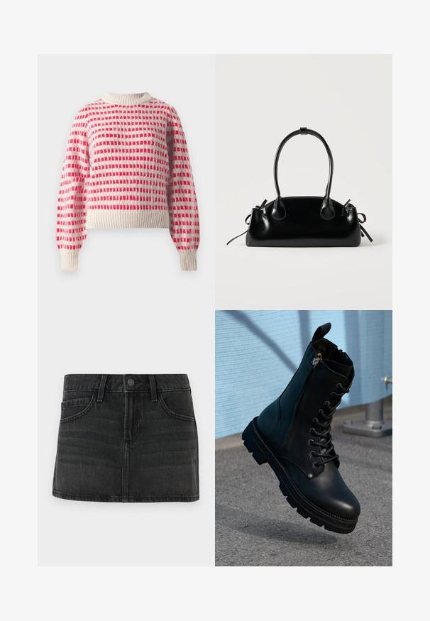 Strikket sweater i creme og rød med et ternet mønster, ribbede ærmer og kant, samt en rund halsdesign. Blød tekstur.; Sorte denimskørt med en tætsiddende design, fem lommer og en talje. Har en metalknaplukning og subtile falmede detaljer.; Sorte læder ankel støvler med snørebånd, sidelås, tekstureret overflade og en robust sål med fremtrædende slidbaner.; Lille sort blank håndtaske med to lange håndtag og snøre-detaljer i siden på en ensfarvet lys baggrund.