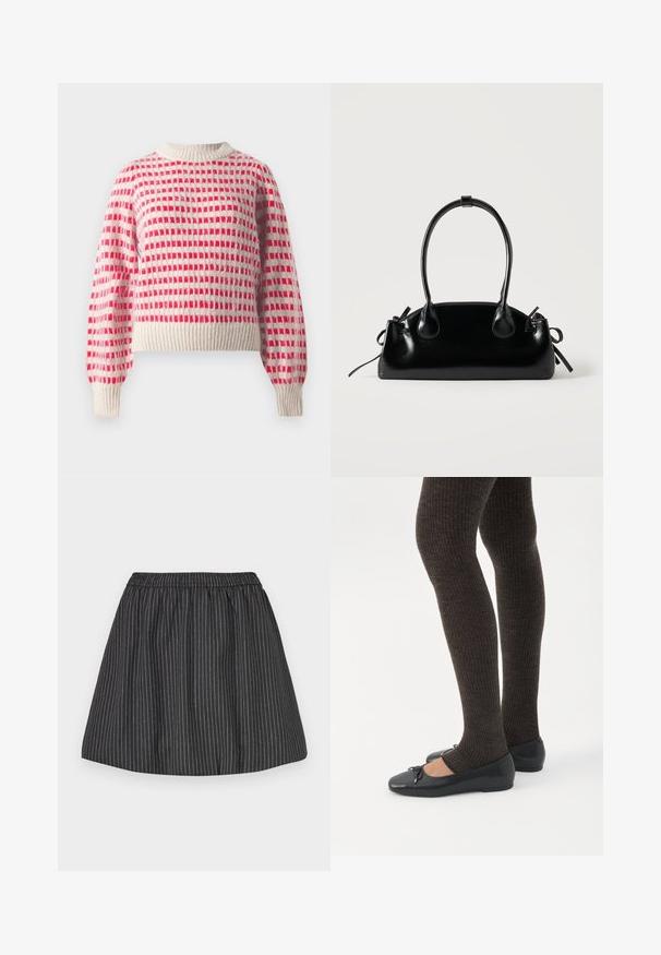 Strikket sweater i creme og rød med et ternet mønster, ribbede ærmer og kant, samt en rund halsdesign. Blød tekstur.; Sorte stribede nederdel med elastisk talje, har lodrette hvide pinstriber, svajet design og glat tekstur. Velegnet til afslappet brug.; Ben iført mørke ribbede leggings kombineret med sorte balletsko med små sløjfedetaljer på hvid baggrund.; Lille sort blank håndtaske med to lange håndtag og snøre-detaljer i siden på en ensfarvet lys baggrund.