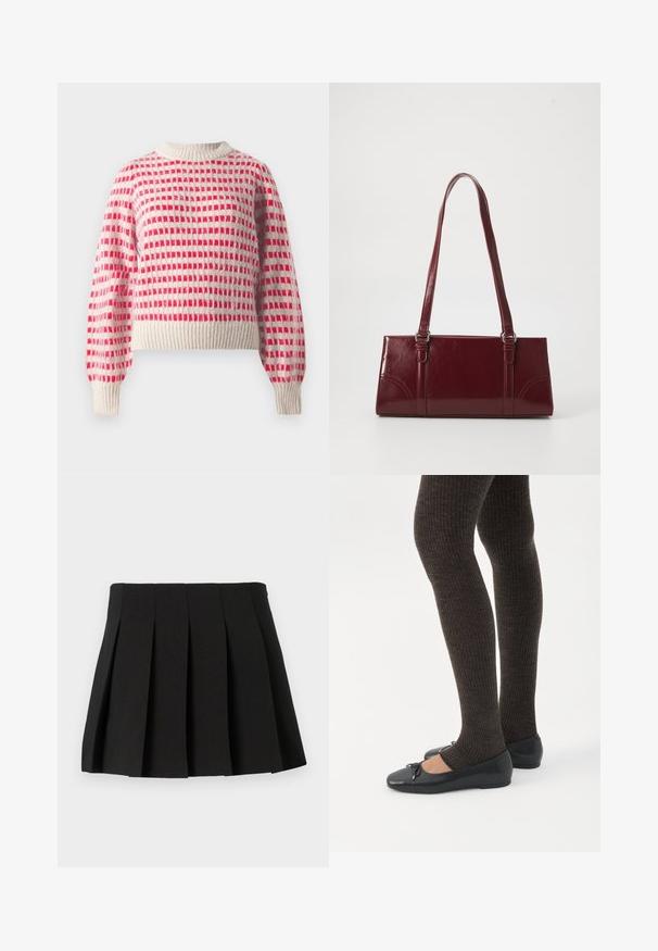 Strikket sweater i creme og rød med et ternet mønster, ribbede ærmer og kant, samt en rund halsdesign. Blød tekstur.; Sort plisseret miniskørt med et struktureret design, lavet af et glat materiale. Har en taljeelastik og jævnt fordelte lodrette plisseringer.; Ben iført mørke ribbede leggings kombineret med sorte balletsko med små sløjfedetaljer på hvid baggrund.; Bordeaux håndtaske lavet af glansfuldt materiale, rektangulær form, med to skulderremme og subtile buede detaljer på forsiden.