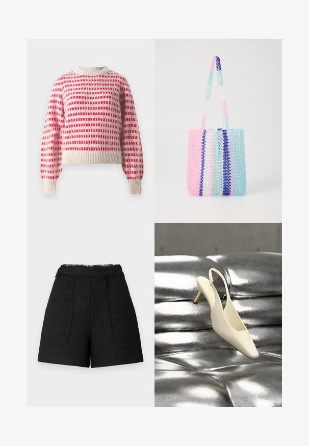 Strikket sweater i creme og rød med et ternet mønster, ribbede ærmer og kant, samt en rund halsdesign. Blød tekstur.; Sorte shorts lavet af tekstureret stof med en frynset kant, der har to forlommer og en skræddersyet pasform.; Kremfarvet slingback kitten heel sko med firkantet tå hviler på en skinnende sølv tuftet læderoverflade.; Farverig tote bag lavet af gennemsigtige perler. Har striber i pink, grøn, blå og hvid. To robuste perle-håndtag.