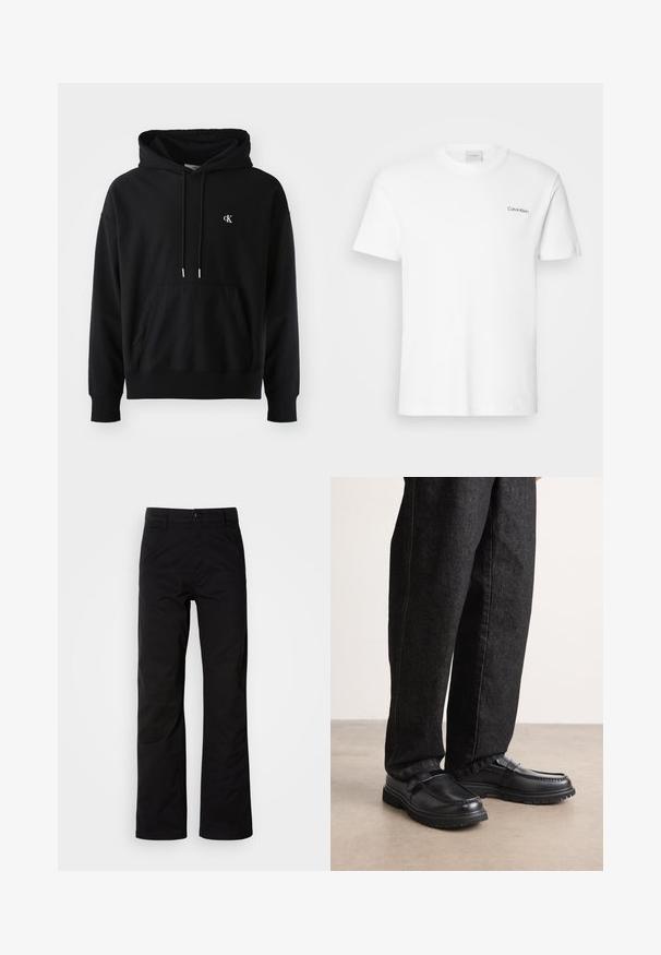 Sudadera negra de algodón suave con un bolsillo frontal tipo canguro, capucha ajustable con cordones y un pequeño logo blanco en el pecho.; Camiseta de algodón blanca con mangas cortas y un escote en forma de cuello redondo. Presenta un pequeño logotipo negro de "Calvin Klein" en el lado izquierdo del pecho.; Pantalones de algodón negros con un diseño de pierna recta, que cuentan con un cierre de botón y lazos para cinturón. Textura suave y estilo minimalista sin patrones visibles.; Zapatos de cuero negro con acabado texturizado, que cuentan con un diseño de costura elevada y suela de goma resistente, combinados con pantalones de mezclilla oscuros.