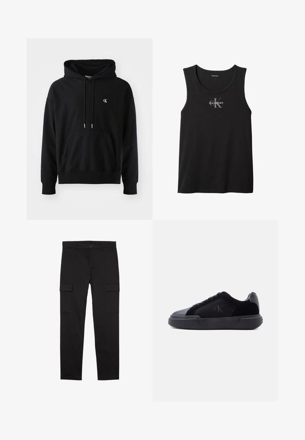 Mustat huppari, joka on valmistettu pehmeästä puuvillasta ja jossa on etupussitasku, säädettävä nyöripää ja pieni valkoinen logo rinnassa.; Musta hihaton Calvin Kleinin toppi, jossa "cK Calvin Klein" -logo on keskitetty rinnan kohdalle.; Mustat suorat cargo-housut sivutaskuilla, etunapilla, vyölenkeillä ja siistillä, minimalistisella designilla.; Musta matalakärkinen tennari, jossa paksu pohja, nauhalliset kiinnitykset ja hillitty "cK"-logo sivupaneelissa.