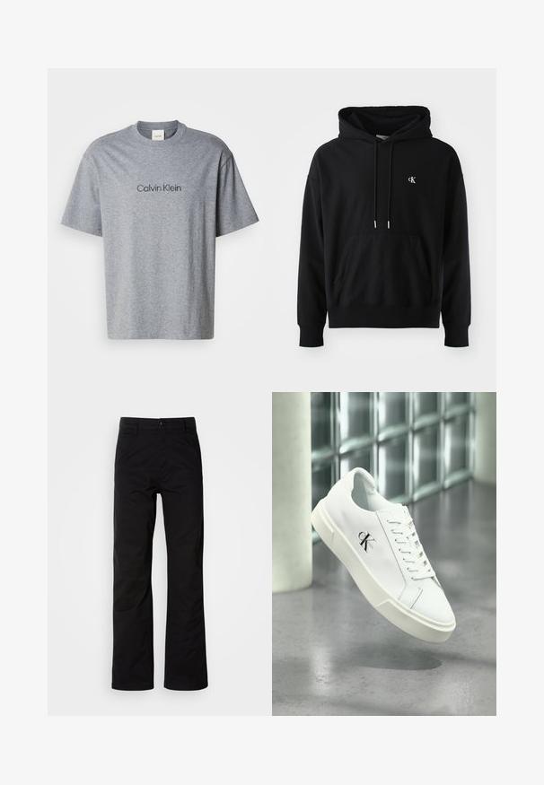 Schwarzer Hoodie aus weichem Baumwollmaterial mit einer vorderen Kängurutasche, verstellbarem Kordelzug und einem kleinen weißen Logo auf der Brust.; Graues Baumwoll-T-Shirt mit kurzen Ärmeln, rundem Ausschnitt und einem aufgedruckten "Calvin Klein"-Logo in einer dunkleren Farbe über der Brust.; Schwarze Baumwollhosen mit geradem Bein, ausgestattet mit einem Knopfverschluss und Gürtelschlaufen. Glatte Textur und minimalistischer Stil ohne sichtbare Muster.; Weißer Calvin Klein Sneaker mit Schnürsenkeln, schwebend über einem polierten Betonboden und einer Glasbausteinwand im Hintergrund dargestellt.