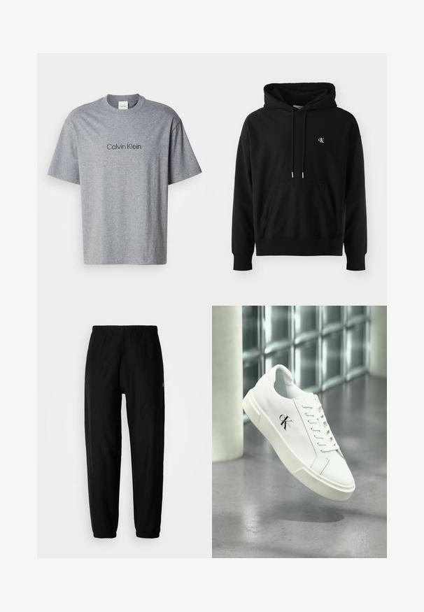 Sort hoodie lavet af blødt bomuld med en forlomme, justerbar snøre i hætten og et lille hvidt logo på brystet.; Grå bomulds t-shirt med korte ærmer, rund halsudskæring og et trykt "Calvin Klein" logo i en mørkere nuance på brystet.; Sorte træningsbukser med elastisk talje, tapered ben og manchetter. Glat stoftekstur. Logo detalje på siden.; Hvid Calvin Klein sneaker med snørebånd, vist svævende over en poleret betongulv og en baggrund af glasblokke.