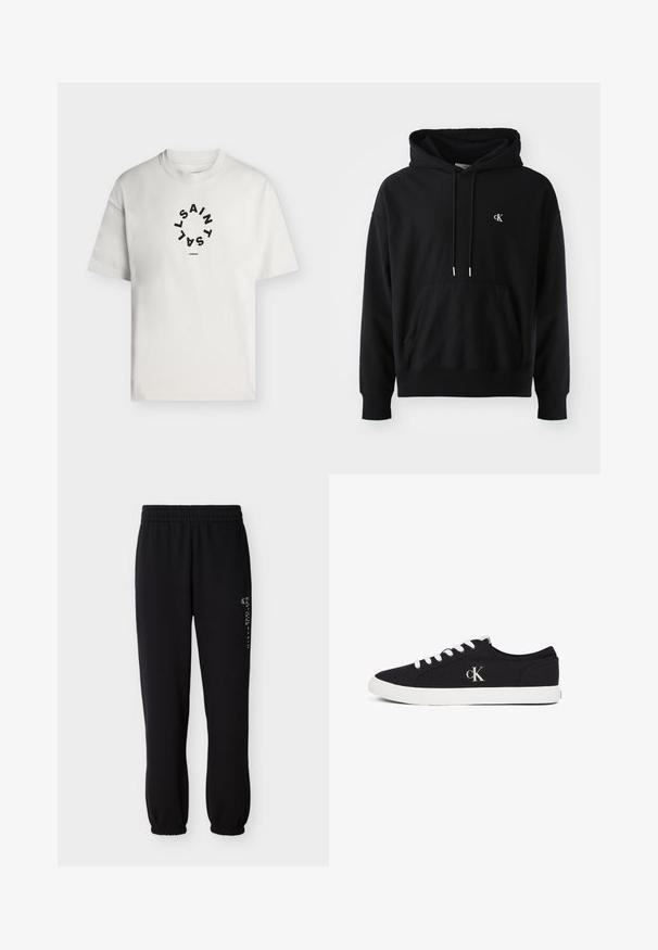 Schwarzer Hoodie aus weichem Baumwollmaterial mit einer vorderen Kängurutasche, verstellbarem Kordelzug und einem kleinen weißen Logo auf der Brust.; Weißes T-Shirt mit kurzen Ärmeln und rundem Halsausschnitt, mit schwarzem kreisförmigem Text "SAINT LAINT" und "LONDON" unter dem Kreis.; Schwarze Jogginghose aus weichem Stoff mit elastischem Bund, Bündchen an den Knöcheln und einem gedruckten Logodetail an der Seite.; Schwarzer Sneaker mit niedrigem Schaft, weißen Schnürsenkeln und Sohle, mit dem "cK"-Logo an der Seite, auf weißem Hintergrund dargestellt.