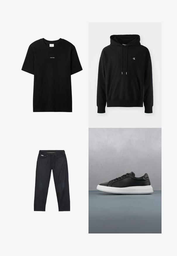 Zwarte hoodie van zacht katoen met een voorzak, verstelbare drawstring capuchon en een klein wit logo op de borst.; Zwart katoenen T-shirt met een ronde hals en korte mouwen. Voorzien van een klein wit "Calvin Klein" logo op de voorkant. Glad oppervlak, klassieke pasvorm.; Donkerblauwe spijkerbroek met rechte pijpen, voorzien van vijf zakken en minimale stikseldetails voor een strakke uitstraling.; Zwarte leren sneaker met een gladde afwerking, witte rubberen zool, ronde vorm, zes openingen voor veters en subtiele branding op de hiel.