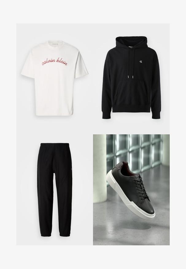 Schwarzer Hoodie aus weichem Baumwollmaterial mit einer vorderen Kängurutasche, verstellbarem Kordelzug und einem kleinen weißen Logo auf der Brust.; Weißes Baumwoll-T-Shirt mit kurzen Ärmeln, das mit kurvenförmigem, rotem gesticktem Text "calvin klein" auf der Brust versehen ist. Klassisches Rundhals-Design.; Schwarze Jogginghosen mit elastischem Bund, schmal zulaufenden Beinen und Bündchen. Glatte Stoffoberfläche. Logodetail an der Seite.; Schwarzer Ledersneaker mit weißer, dicker Sohle und schwarzen Schnürsenkeln, schwebt über einem grauen Betonboden in der Nähe einer Glasbausteinwand.
