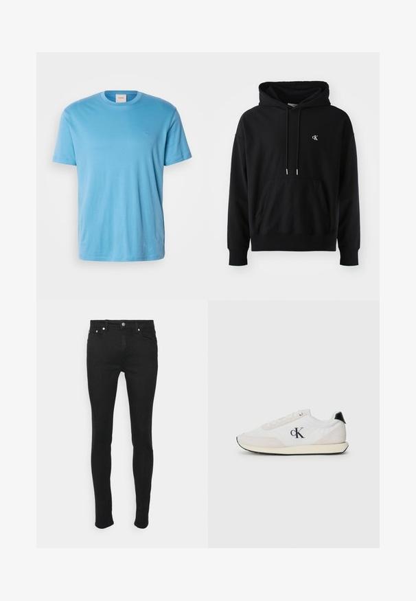 Sort hoodie lavet af blødt bomuld med en forlomme, justerbar snøre i hætten og et lille hvidt logo på brystet.; Lys blå kortærmet bomulds t-shirt med rund hals og et lille, broderet logo på brystet. Glat tekstur, almindelig pasform.; Sorte skinny jeans lavet af denim med en glat tekstur, der har fem lommer og lukning med metalknap. Simple design uden mønstre.; Hvid sneaker lavet af ruskind og stofmaterialer. Har et sort hæl-akse, snørebåndsdesign og et lille sort logo på siden.