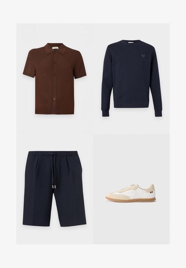 Sweat-shirt bleu marine à manches longues, col rond, avec des poignets côtelés et un petit emblème en forme de cœur sur le côté gauche de la poitrine.; Chemise marron à manches courtes avec boutons, motif texturé et col classique, présentée sur un fond clair uni.; Shorts bleu marine longueur genou avec taille élastique et cordon de serrage ajustable avec embouts métalliques, design avant plat.; Baskets blanches avec accents en daim beige clair, détails perforés, lacets plats et semelle en caoutchouc naturel. Présentent un logo rayé sur le talon.