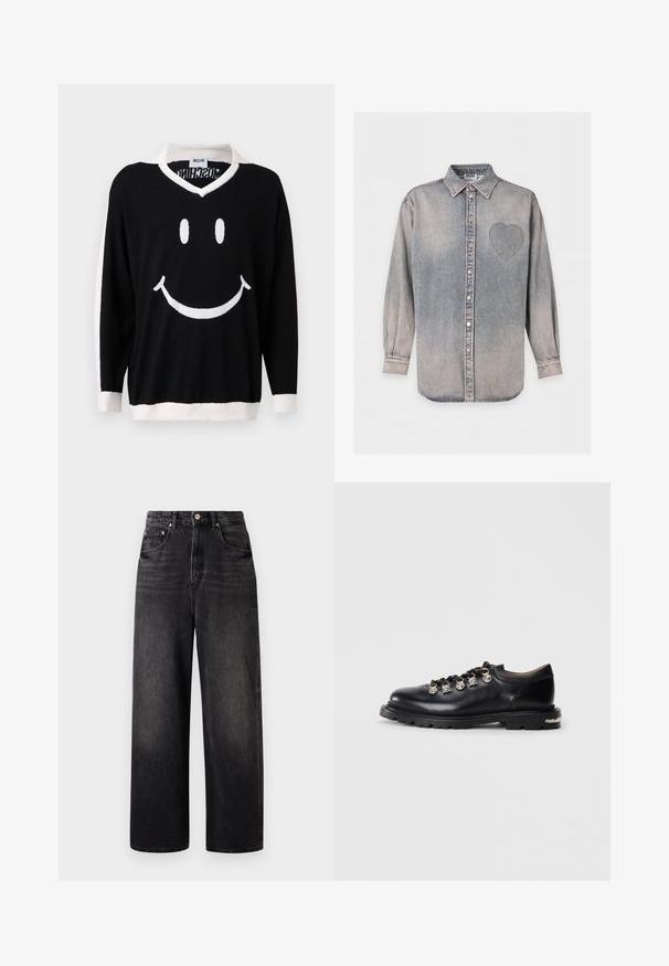 Zwarte trui met lange mouwen, witte kraag, manchetten en zoom, met een grote witte smiley aan de voorkant.; Grijs denim overhemd met lange mouwen, een kraag en een doorgestikt hartje op de linkerborst.; Zwarte denim jeans met een losse pasvorm, hoge taille, vijf zakken en een opvallende knoopsluiting. Heeft subtiele vervaging en een recht gesneden ontwerp.; Zwarte leren lage schoen met dikke zool, metalen oogjes, decoratieve zilveren charmes aan de veters en een gestructureerde loopzool.
