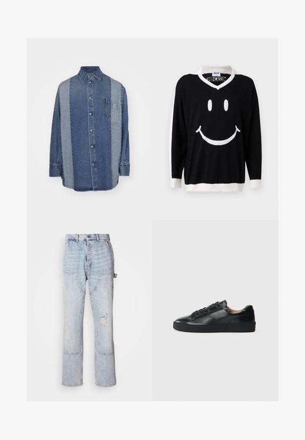 Zwarte trui met lange mouwen, witte kraag, manchetten en zoom, met een grote witte smiley aan de voorkant.; Denim shirt met een tweekleurig ontwerp met donkere en lichte blauwe secties, knoopsluiting aan de voorkant, kraag en een borstzak.; Lichtblauwe denim carpenter jeans met meerdere zakken, een voorste knoop, ritssluiting en een versleten detail op de rechterdij.; Zwarte leren sneaker met een gladde textuur, ronde neus en vetersluiting. Heeft een dikke rubberen zool en minimale merkaanpassing.