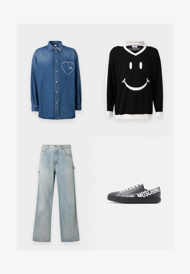 Pull noir à manches longues avec col, poignets et ourlet blancs, arborant un grand visage souriant blanc sur le devant.; Chemise en denim bleu à manches longues avec une patte de boutonnage, un col et un patch en forme de cœur effiloché sur la poitrine gauche.; Pantalon en jean bleu clair à jambes larges avec cinq poches, fermeture à boutons et une boucle sur le côté droit pour outils ou accessoires.; Baskets basses noires avec des lacets blancs et "MOSCHINO" imprimé en grandes lettres blanches sur le côté et le talon.