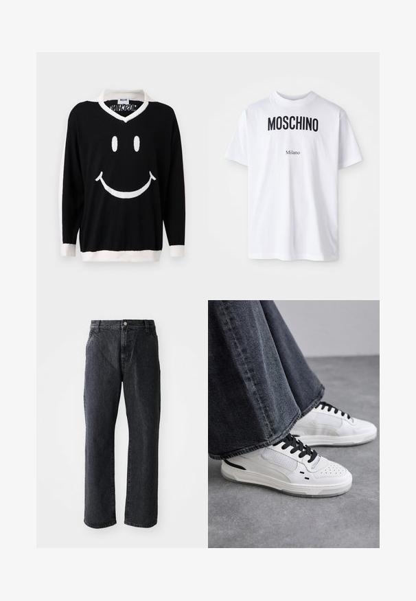 Zwarte trui met lange mouwen, witte kraag, manchetten en zoom, met een grote witte smiley aan de voorkant.; Witte katoenen T-shirt met bold zwarte "MOSCHINO" tekst boven de kleinere tekst "Milano". Klassieke ronde hals en korte mouwen.; Zwarte denim jeans met een rechte pijp, voorzien van een knoopsluiting, vijf zakken en een subtiele textuur. Klassiek ontwerp zonder opvallende patronen.; Witte sneakers met zwarte veters en mesh-details. Beschikt over een gladde leren bovenkant en een gestructureerde rubberen zool. Gepaard met brede grijze jeans.