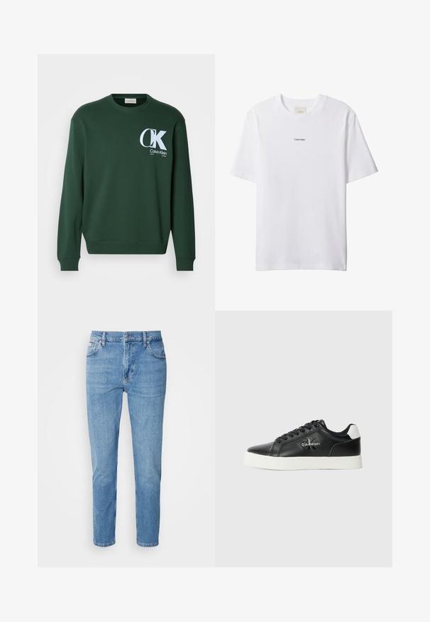 Sudadera de algodón verde con mangas largas, cuello redondo y logo blanco de Calvin Klein en el pecho. Textura suave y puños acanalados.; Camiseta blanca de algodón con cuello redondo y mangas cortas. Cuenta con un pequeño logo negro de "Calvin Klein" centrado en el pecho.; Vaqueros de mezclilla azul claro con corte recto, diseño de cinco bolsillos y un sutil desgastado. Presentan un cierre de botón y pasadores para cinturón.; Zapatilla deportiva de cuero negro con suela de goma blanca, cordones negros y logo de Calvin Klein en el lateral. Presenta una lengüeta en el talón de color contrastante.