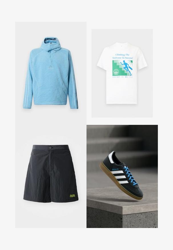 Heleheline fliisist kapuutsiga, millel on veerandzipper, Adidas logo rinnal ja kolm triipu varrukatel.; Valge T-särk sinise graafikuga inimesest, kes ronib treppidest üles ja hoiab portfelli ning tekstiga "Climbing The Staircase To Success!"; The New Originals RUNNING - Lühikesed püksid - black; Must Adidas toss valgete triibu, siniste paelte ja kummist tallaga, hõljuv pehme valgusega halli betoonastme kohal.