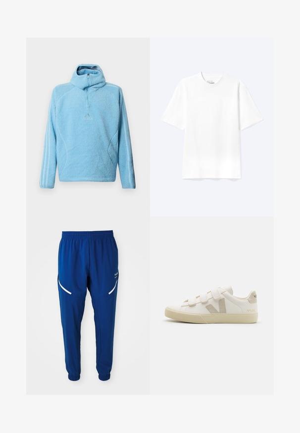 Svetlomodrá fleecová mikina s štvrťovým zipsom, logo Adidas na hrudi a tri pruhy pozdĺž rukávov.; Jednoduché biele tričko s krátkym rukávom a okrúhlym výstrihom v uvoľnenom strihu, zobrazené na svetlom pozadí.; Kráľovsky modré športové nohavice s elastickým pásom a manžetami, biele zakrivené reflexné prúžky na stehnách a malé biele logo na pravej strane.; Biele kožené tenisky s suchými zipsami, béžové akcenty, zaoblený špička, textúrovaná gumová podrážka a embosované logo. Minimalistický dizajn.