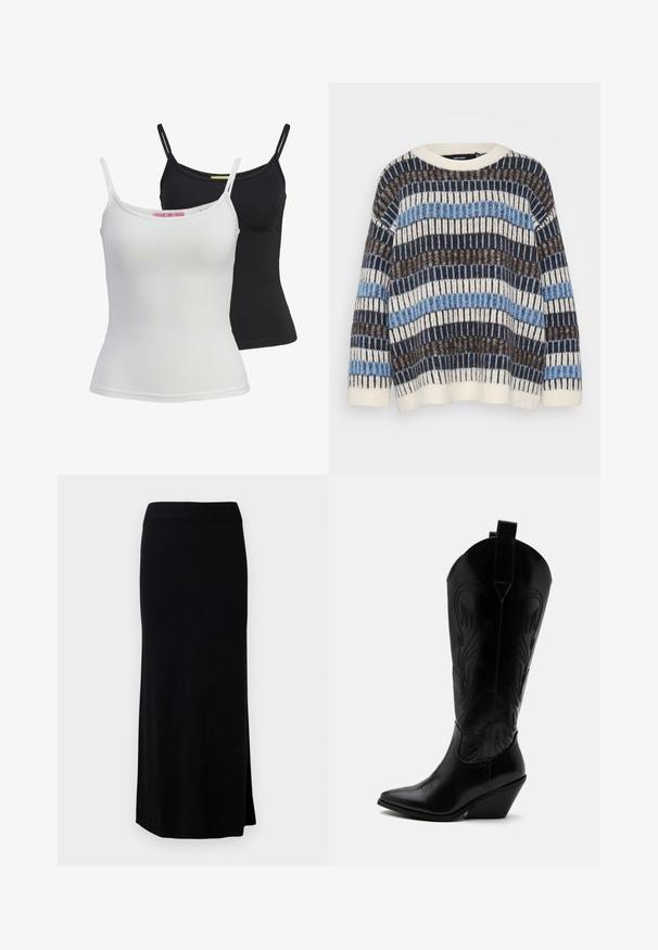 Vero Moda Petite VMTIFFANY O NECK - Svetrík - birch/chocolate torte/allure; Dve základné tielka v čiernej a bielej farbe, vyrobené z hladkej elastickej látky. Majú tenké ramienka a jednoduchý, priliehavý strih.; Čierna, dlhá, pletená sukňa so bočným rozparkom. Má elastický pás a hladkú textúru. Jednoduchý, priliehavý strih. Žiadne viditeľné vzory ani akcenty.; Čierna kožená kovbojská čižma so špicatou špičkou, šikmým blokovým podpätkom, dekoratívnym prešitím a ťahacími pútkami na vrchu na bielom pozadí.