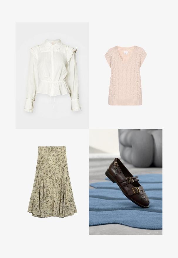 Gebreide vest in lichtbeige met een V-hals en korte mouwen. Heeft een kabelbreipatroon en pompon-accenten aan de zijkanten.; Witte blouse met lange mouwen, rimpeldetails op de schouders, een knoopsluiting aan de voorkant, een peplum taille en strikdetail. Beschikt over een textuur, licht gekreukt stof.; Beige midi-rok met een abstract zwart-bruine gespikkelde print, uitlopende zoom en naden die paneeldetails vormen.; Bronx TRANSITT - Ballerina's met enkelbandjes - coffee bean