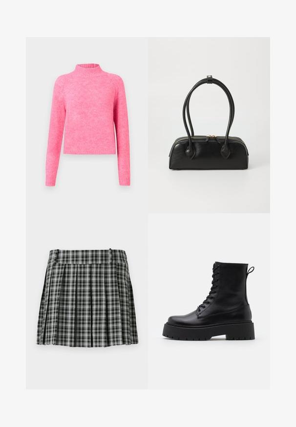 Lys pink strikket sweater med lange ærmer og en ribbet høj krave mod en ensfarvet lys baggrund.; Sort-hvidt ternet plisseret nederdel med en glat talje og flere lodrette folder. Fremstillet af let stof.; Sorte læder ankelstøvler med rund tå, snørebånd foran og en tyk gummisål med struktureret slidbane. Hæfteløkke bagpå.; Sort læder håndtaske med to langstrakte håndtag, lynlåslukning og afrundet form; glat tekstur med en subtil blank finish.