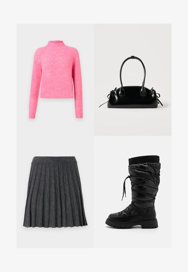 Heldere fuchsia gebreide trui met lange mouwen en een ribgebreide opstaande kraag tegen een simpele lichte achtergrond.; Vero Moda Knitted VMMARINA Short - Minirok - dark grey; Zwarte kniehoge laarzen met een gequilt textuur, voorzien van een vetersluiting, een contrasterende geribbelde bovenrand en een dikke, robuuste zool.; Kleine zwarte glanzende handtas met twee lange hengsels en zijkant trekkoord details op een effen lichte achtergrond.