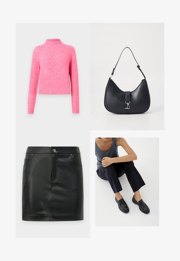 Lys pink strikket sweater med lange ærmer og en ribbet høj krave mod en ensfarvet lys baggrund.; Sort faux læder mini nederdel med frontknap, lynlås lukning, front- og baglommer samt sømdetaljer.; Sorte læderloafers med teksturerede detaljer, lav hæl, rund tå og synlige syninger. Modellen bærer mørke bukser og en grå top.; Pieces PCLIKA SHOULDER BAG - Håndtasker - black