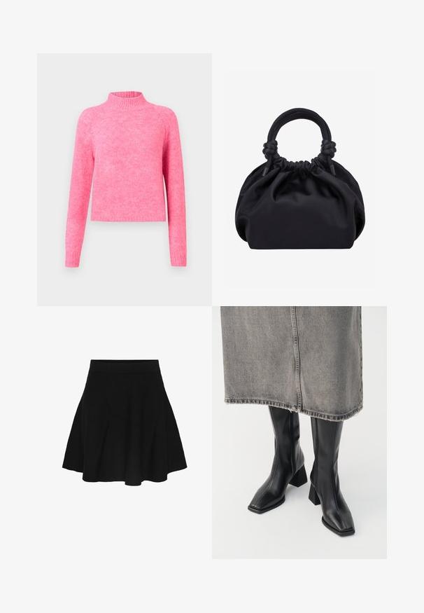 Lys pink strikket sweater med lange ærmer og en ribbet høj krave mod en ensfarvet lys baggrund.; Sort A-line nederdel med tilpasset linning, der bredder sig blidt mod kanten, vist på en ens hvid baggrund.; Sorte knæhøje støvler i glat læder med firkantet tå og blokeret hæl. Båret med en grå denimnederdel med flosset kant.; Sort blød stofhåndtaske med samlet top og cirkulære polstrede håndtag bundet med knuder på hver side.