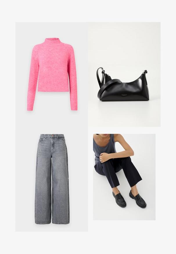Un pull en tricot rose vif avec des manches longues et un col montant côtelé sur un fond clair uni.; Jean en denim à jambes larges dans un délavé gris, avec cinq poches, une fermeture à bouton et une texture douce avec des détails de whiskering subtils.; Mocassins en cuir noir avec accents texturés, talon bas, bout arrondi, et coutures visibles. Modèle portant un pantalon sombre et un haut gris.; Sac à main en cuir noir avec une texture lisse. Dispose d'une bandoulière adjustable et d'un design élégant et minimaliste avec une fermeture éclair.