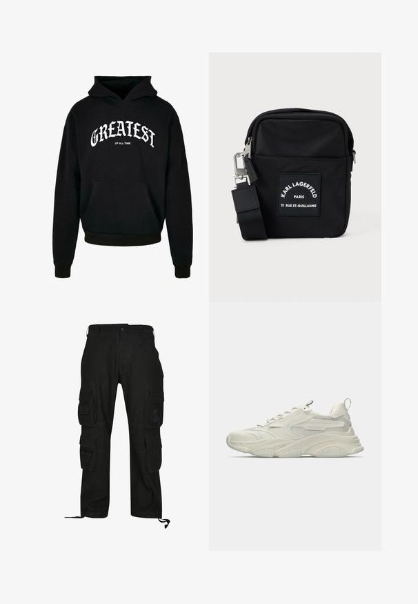Schwarzer Hoodie aus Baumwolle, mit einer Vorderseitentasche, gerippten Bündchen und Saum sowie weißem Text mit der Aufschrift "GREATEST OF ALL TIME" auf der Brust.; Schwarze Cargo-Hosen aus strapazierfähigem Material, mit mehreren Seitentaschen, lässiger Passform und verstellbaren Fußgelenkriemen.; Klobiger weißer Sneaker mit Netzakzenten, texturierter Gummisohle und abgerundeter Form. Verfügt über minimalistisches Branding und eine Ziehschlaufe an der Ferse.; Schwarze Nylon-Crossbody-Tasche mit rechteckiger Form, ausgestattet mit einem vorderen Aufnäher, silberfarbenen Beschlägen und einem verstellbaren Schultergurt.