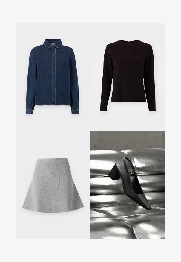 Mørkegrå striktrøje med lange ærmer, rund halsudskæring og ribkant. Blød tekstur, enkelt design, og uden synlige mønstre eller detaljer.; Mørkeblå denimskjorte med klassisk krave, frontknapper og lange ærmer med samlede manchetter. Har kontraststing overalt.; Grå, strikket sømdnederdel med en tekstureret finish. Har en taljeing og en glat silhuet, der smalner ind mod kanten.; Sort slingback-hæl med spids tå, der har en tekstureret overflade og en chunky blokhæl. Lagt mod en skinnende, metallisk baggrund.